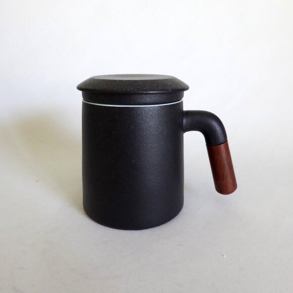 NEW WHENTEA BRAND BLACK GRANITE LIDDED TEA CUP MUG & STRAINER SET - Picture 5 of 14